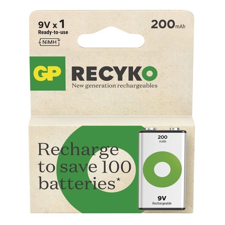 GP 20R8H RECYKO RECHARGEABLE 9VOLT 200mAh